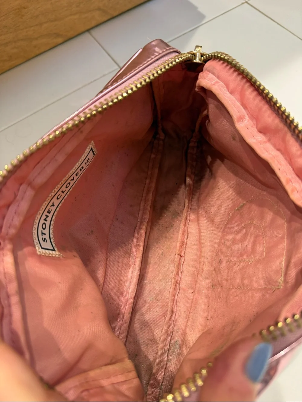Stoney Clover Lane Metallic Rose Pink Cosmetic Pouch with Rainbow Patch